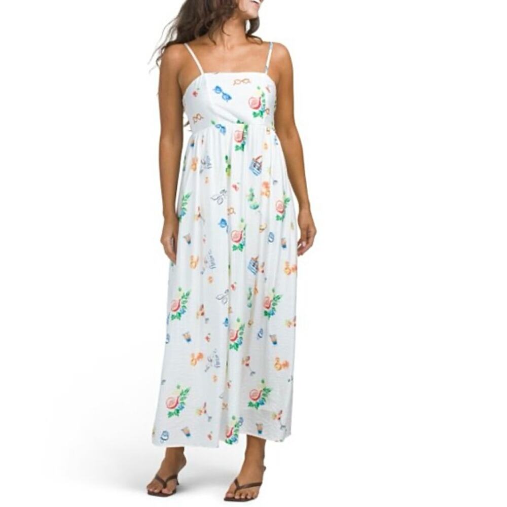 Rachel Zoe Long White Dress with Colorful Summer Print, Size 12
